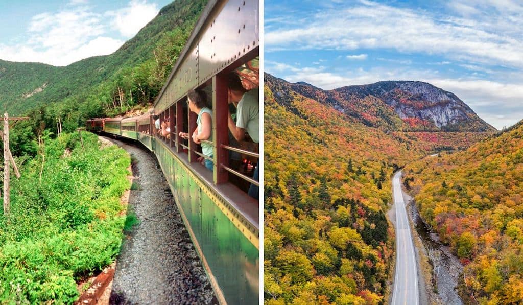 A steam train heading into Crawford Notch and an aerial view of the notch in the fall. 