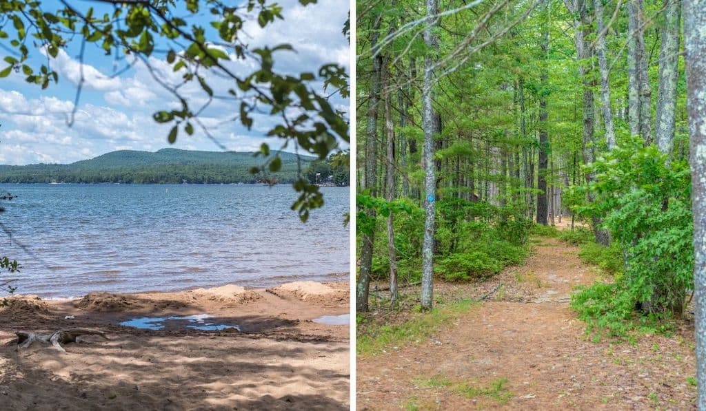 A private beach and a woodland trail in Sebago Lake State Park in Maine