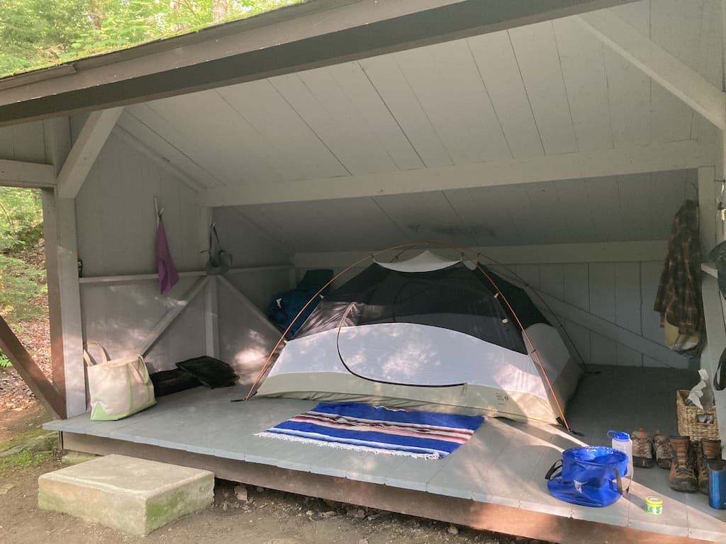 Our two-person tent set up in a lean-to in Vermont. 