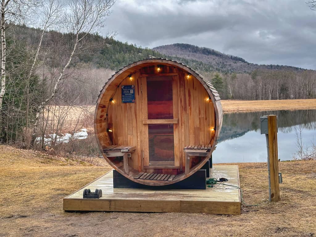 The barrel sauna at Lumen Nature Retreat.
