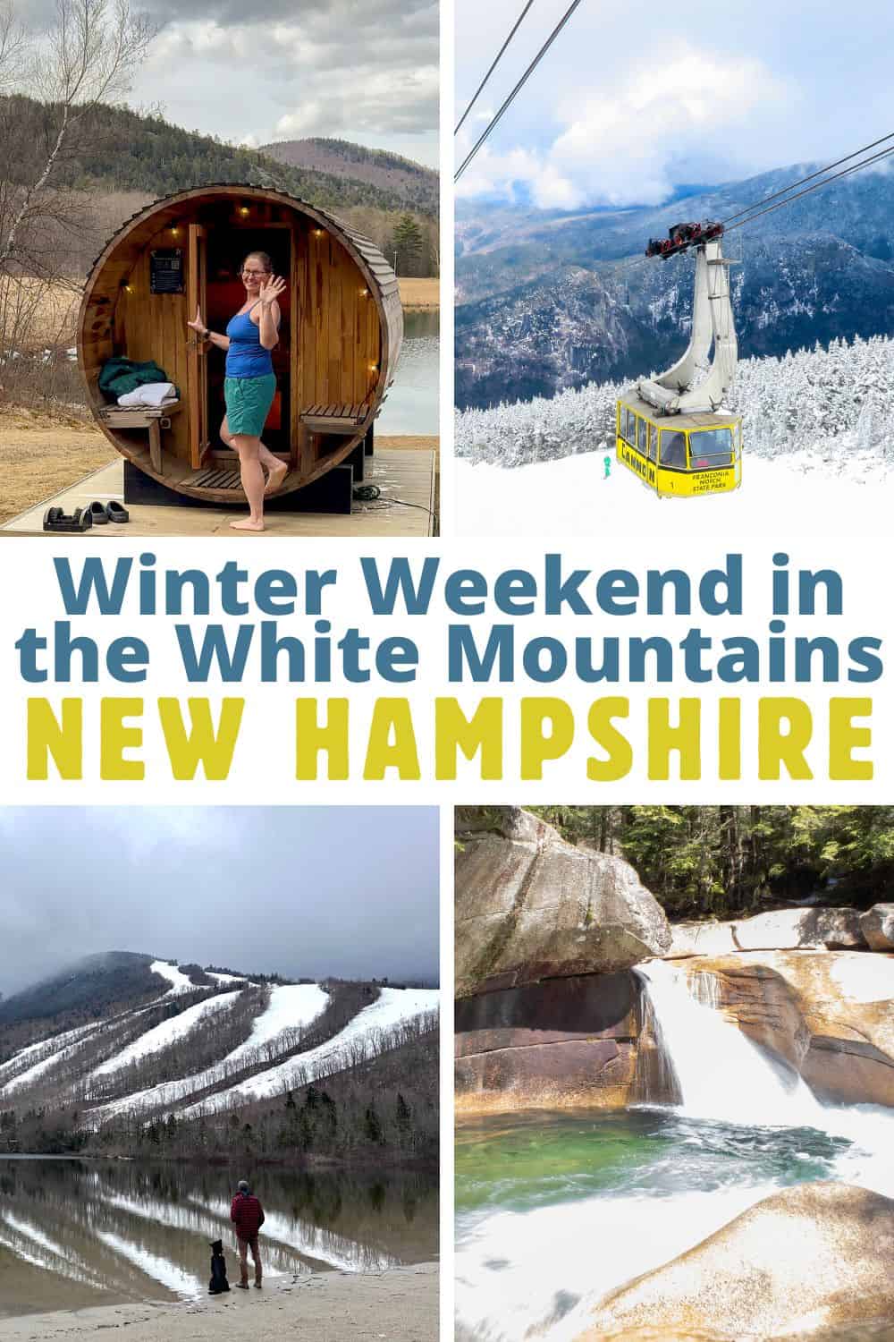 A collage of photos featuing a winter weekend in Woodstock, NH.