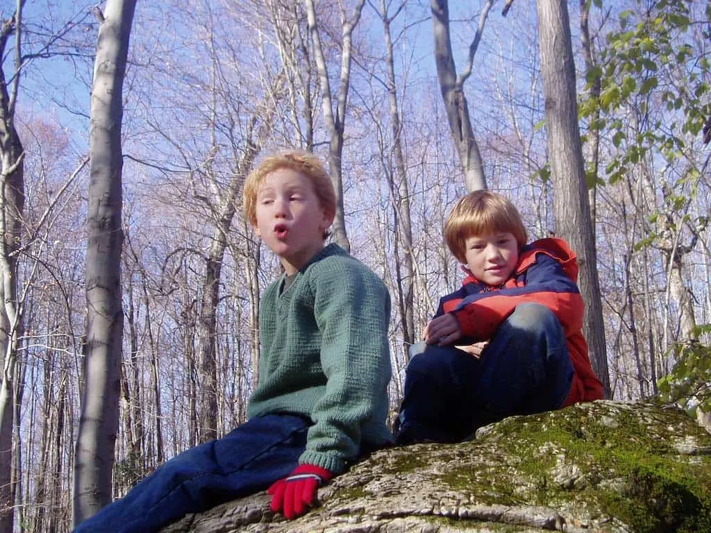Rowan and Gabe climbing a boulder in the woods as kids. 