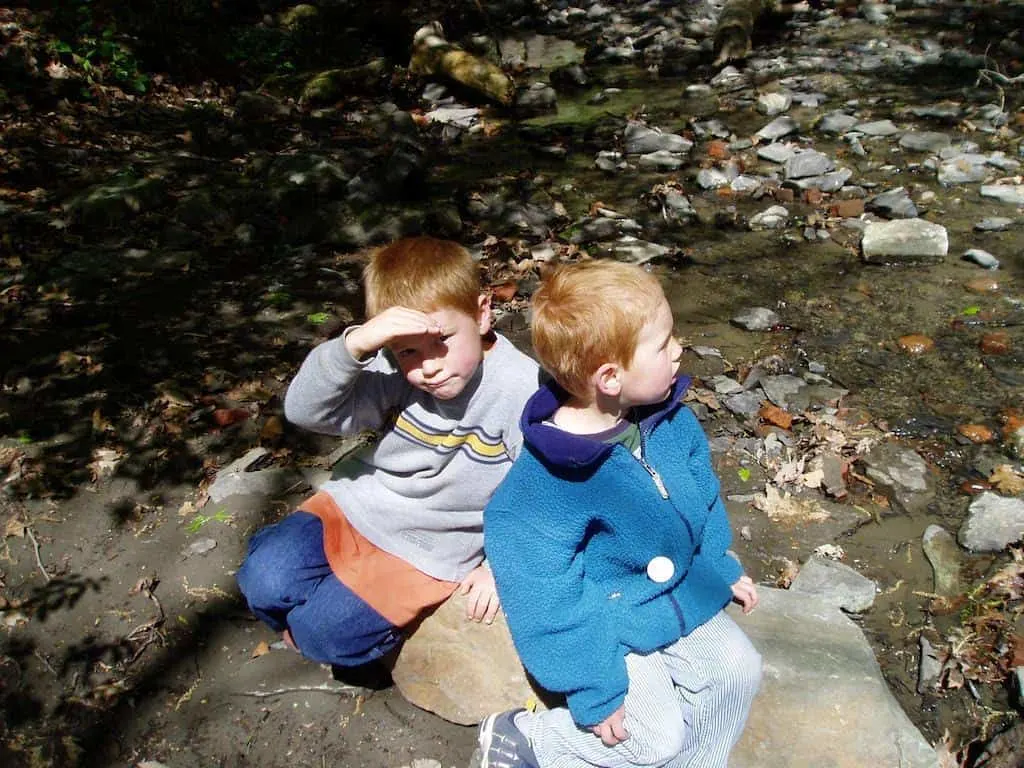 Rowan and Gabe as toddlers sitting on a rock during a hike. 