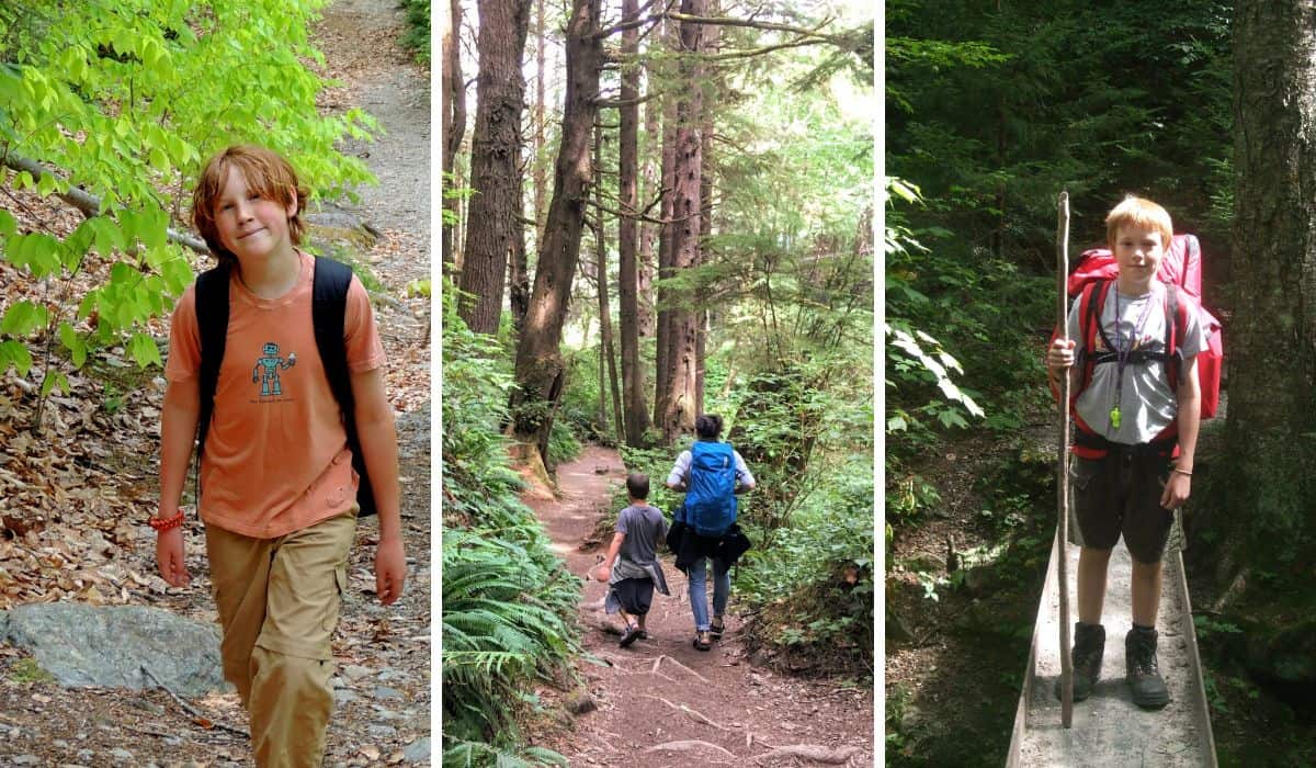 A collage of photos featuring kids hiking. 