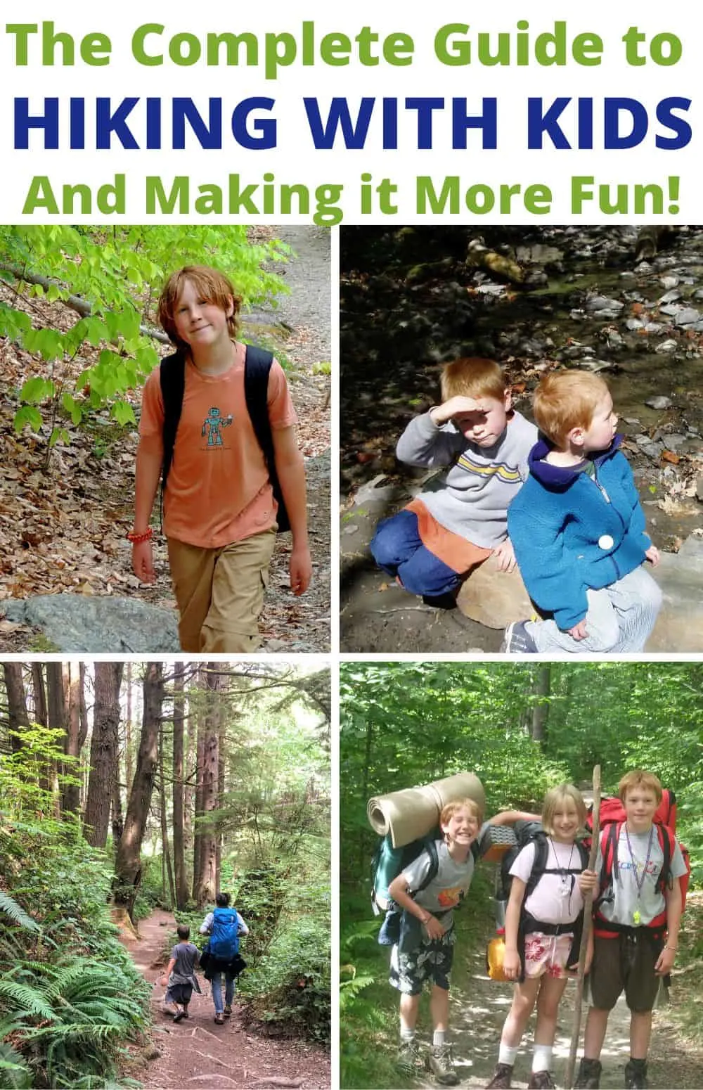 A collage of photos featuring small kids hiking in the woods. 