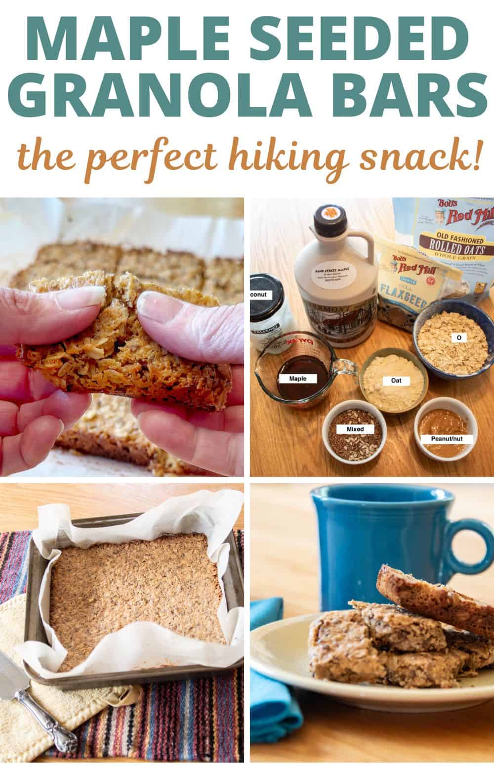 Pinterest image of granola bar photo with text overlay: Maple Seeded Granola Bars: The Perfect Hiking Snack. 