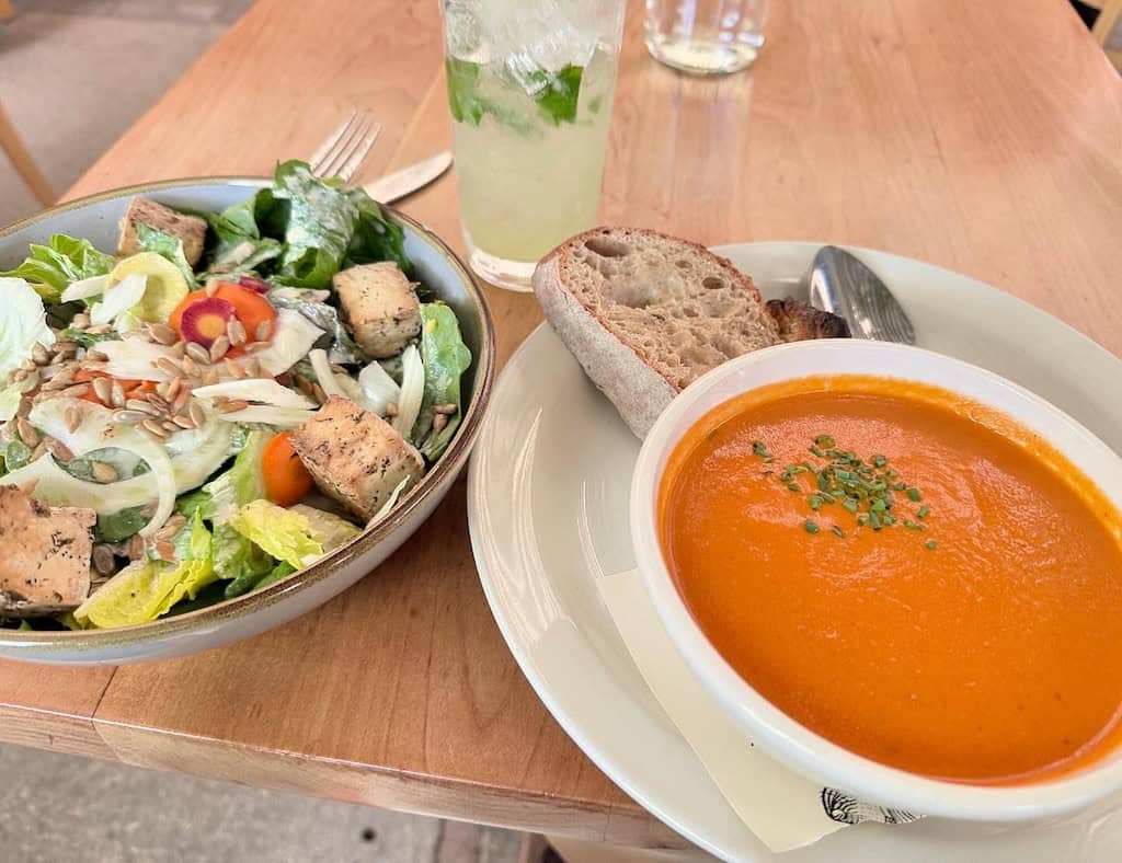 Soup and salad at the famous Moosewood Restaurant. 