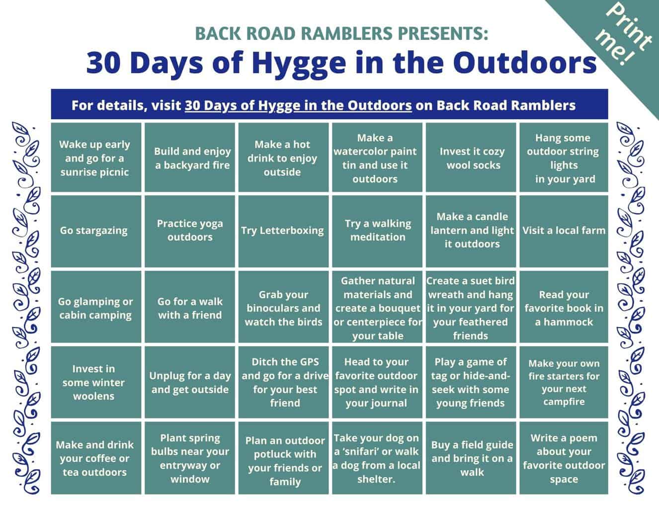 30 Days of Hygge in the Outdoors calendar