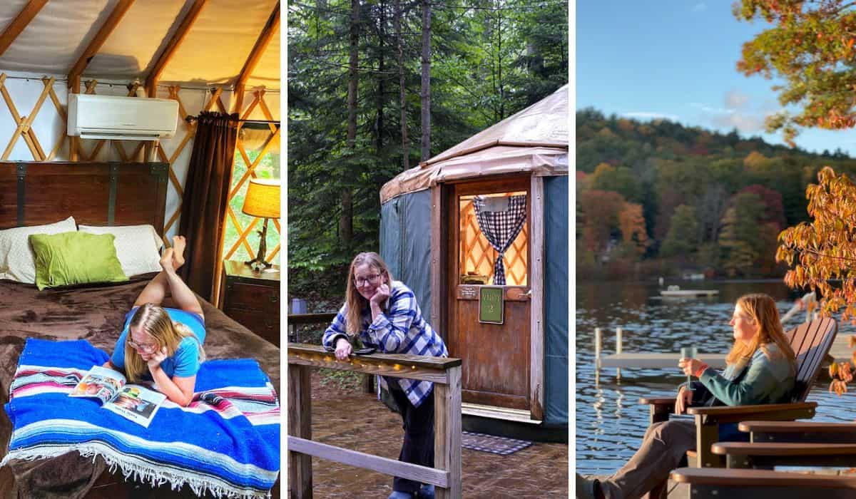 Photos of Tara on glamping trips in various spots. 