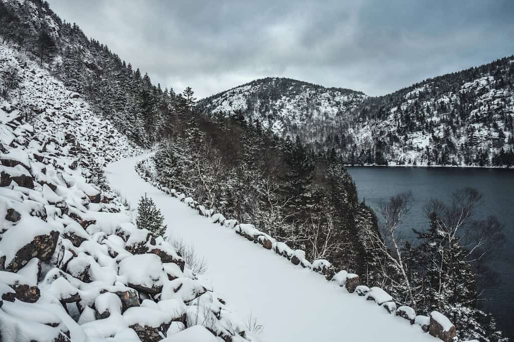 A snow-covered carriage road in Acadia National Park. 