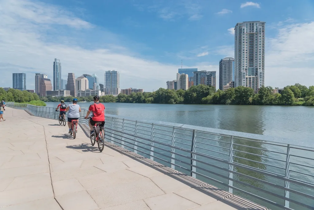 People riding along the Colorado River in Austin, Texas during Spring Break. 