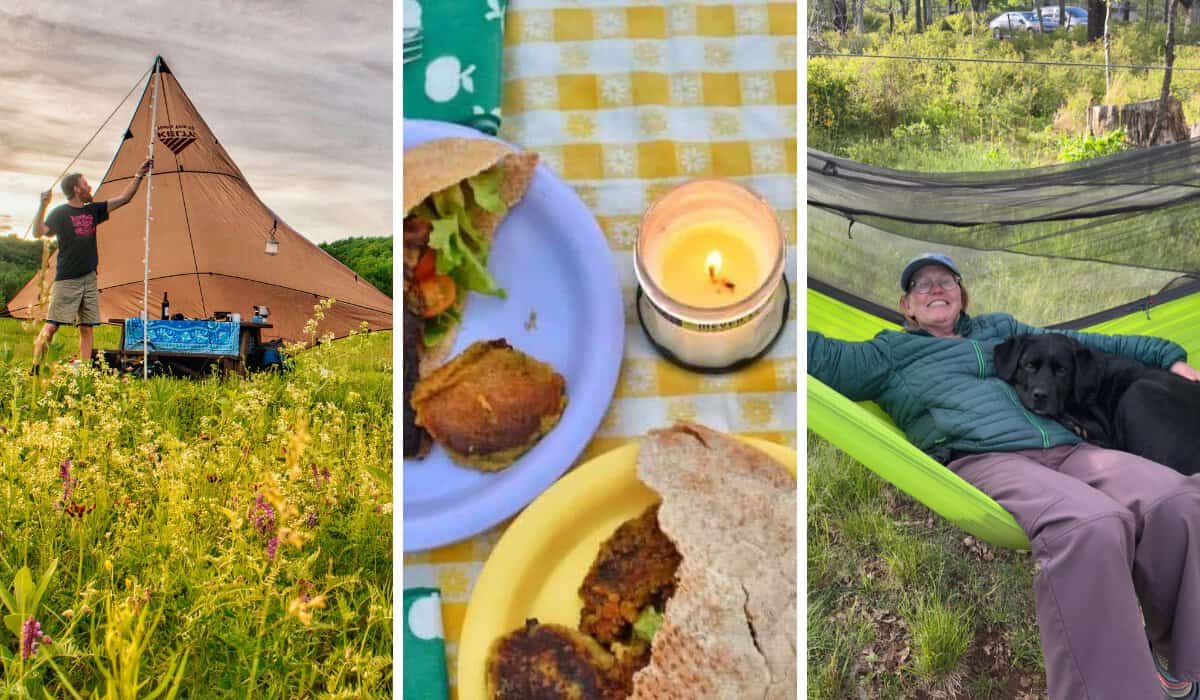 a collage of cozy tent-camping accessories.