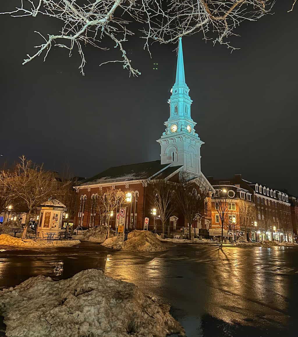 North Church on Market Square in Portsmouth at night.