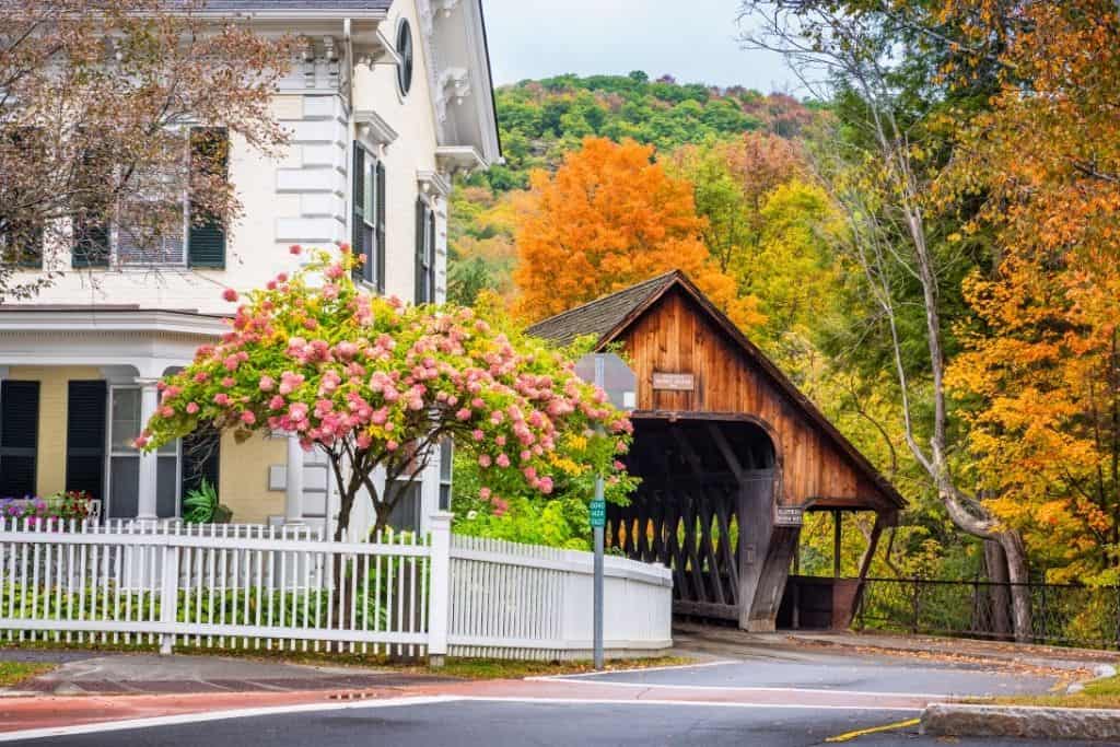 Middle Covered Bridge in Woodstock, Vermont, in the fall.