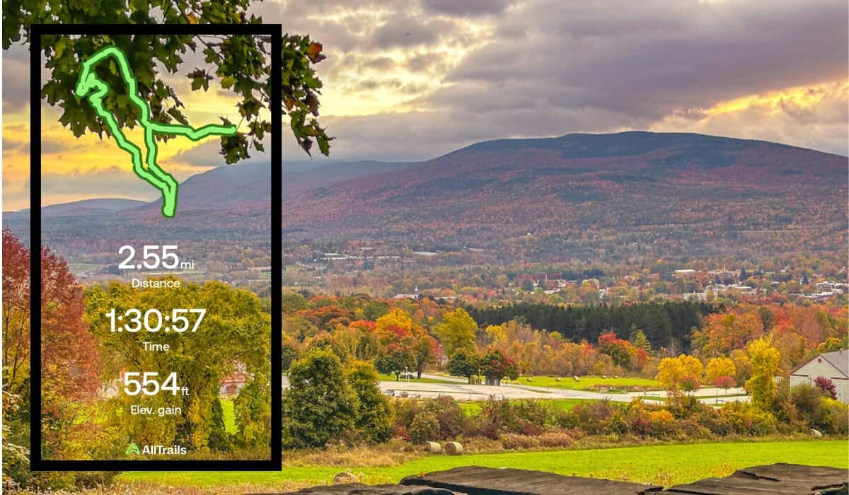 AllTrails statistics over a photo of a Vermnont mountain in fall.