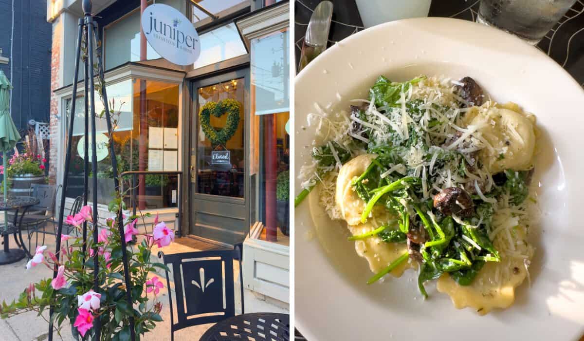 The exterior of Juniper in Greenwich and my mushroom ravioli. 