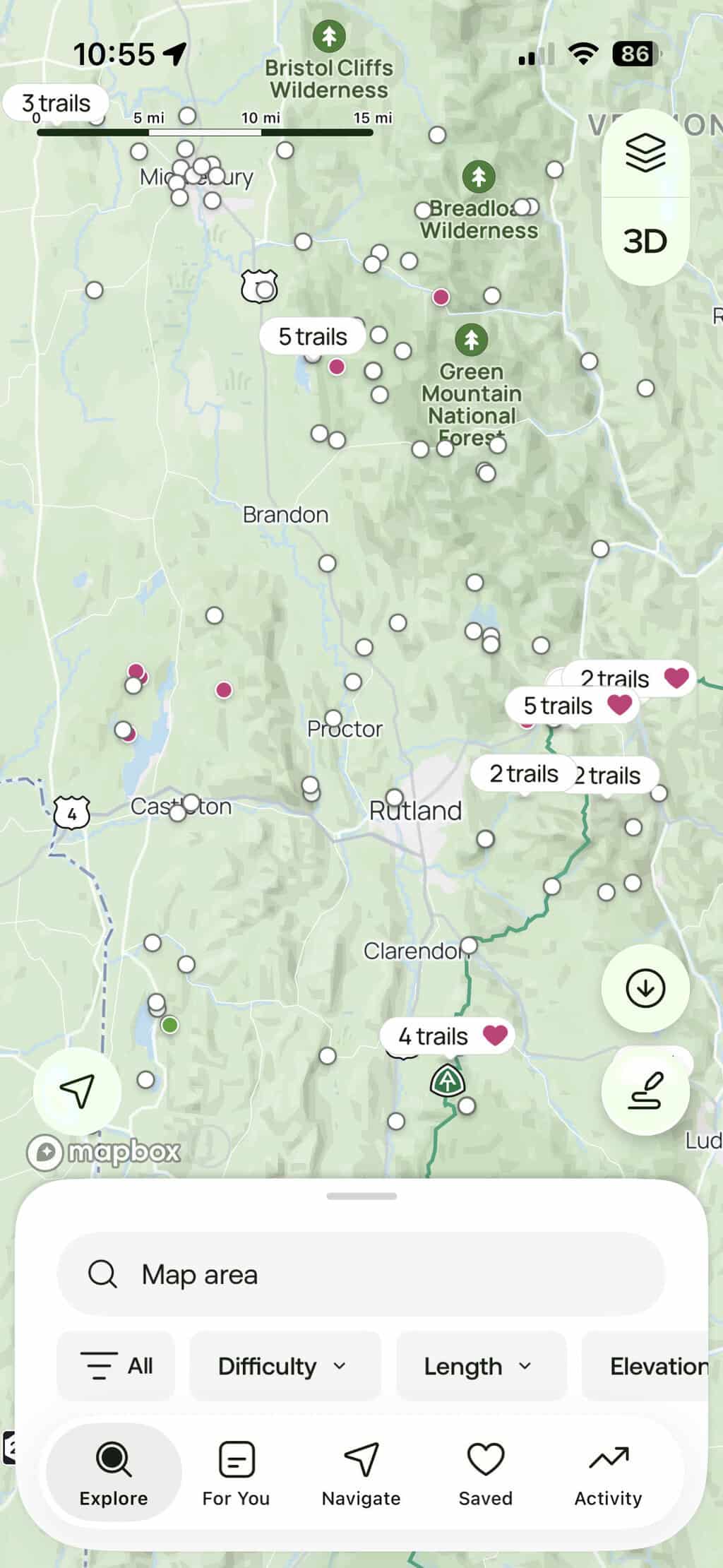 Screenshot of the map search function in the AllTrails app (free version). 