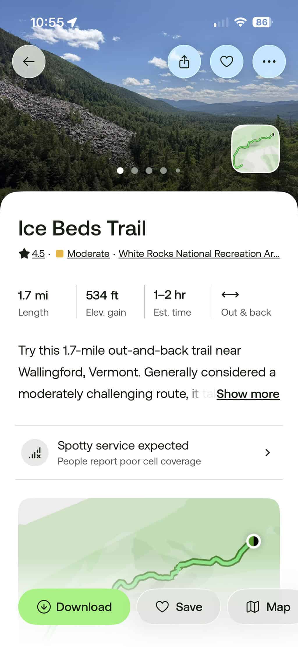 Screenshot of a trail overview for Ice Beds Trail in the free version of AllTrials app. 