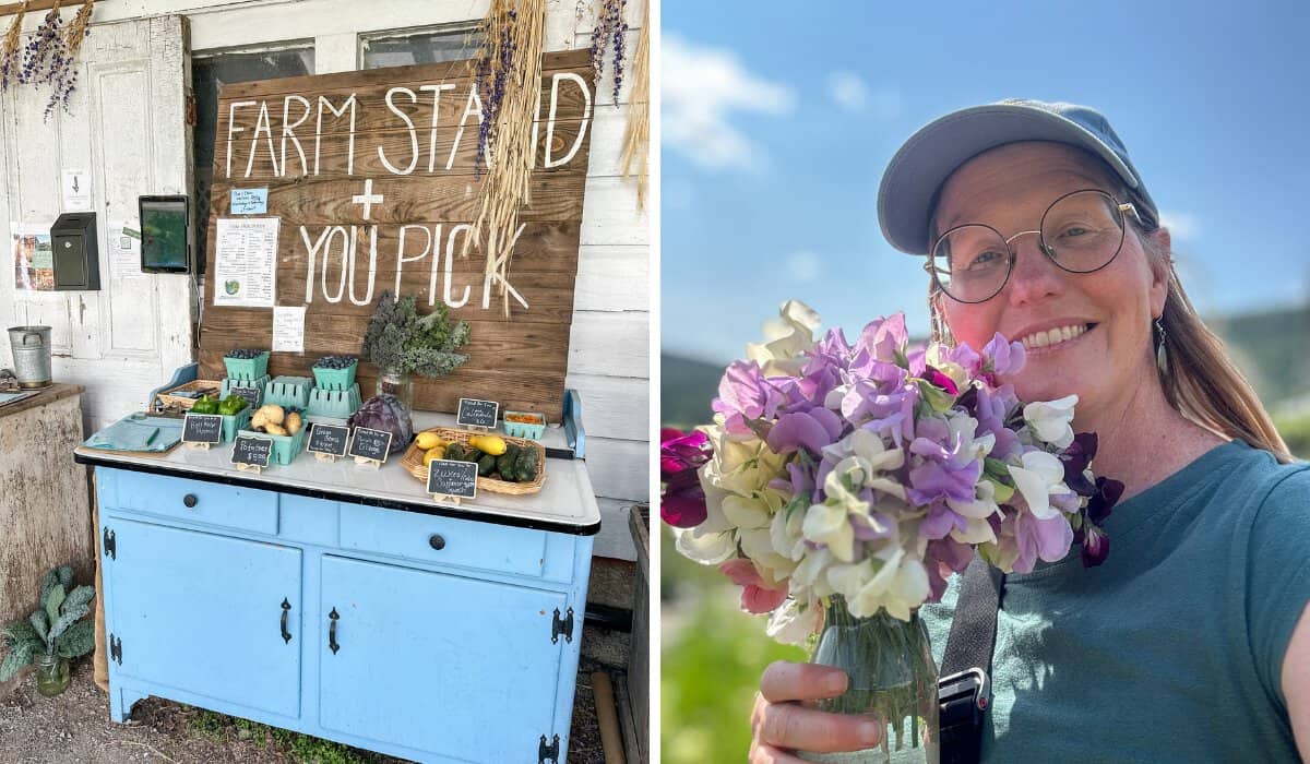 The farmstand at Gardenworks and Tara posing with a bouquet of sweet peas. 